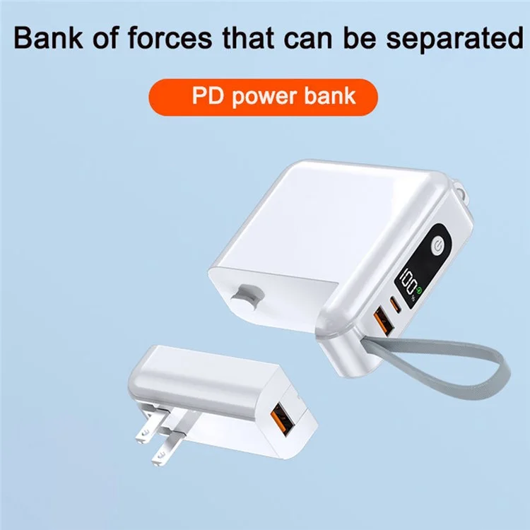 AC Wall Plug Portable Charger with 8-Pin + Type-C Cables, 20000mAh Power Bank PD 22.5W Phone Battery Pack - White