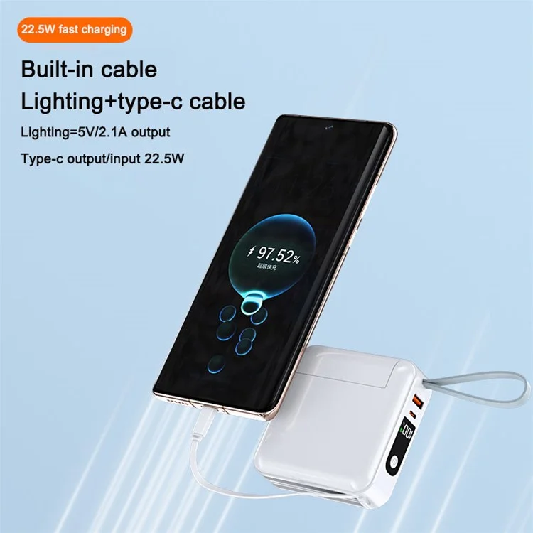 AC Wall Plug Portable Charger with 8-Pin + Type-C Cables, 20000mAh Power Bank PD 22.5W Phone Battery Pack - White