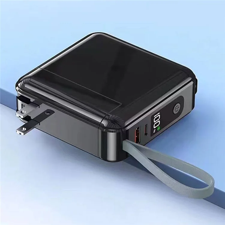 Detachable AC Plug 15000mAh Power Bank with iP + Type-C Fast Charging Cable - Black