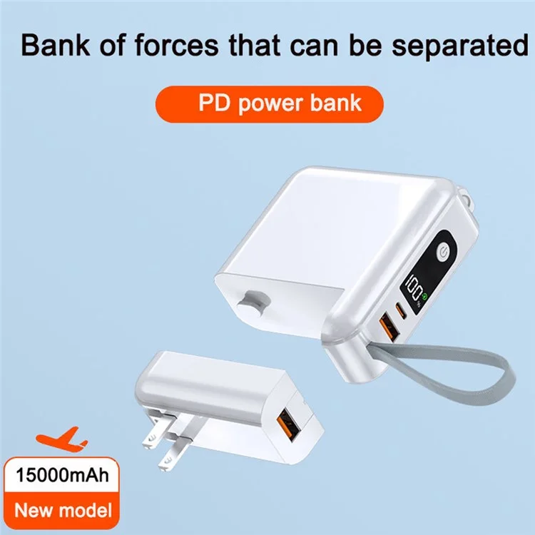 Detachable AC Plug 15000mAh Power Bank with iP + Type-C Fast Charging Cable - Black