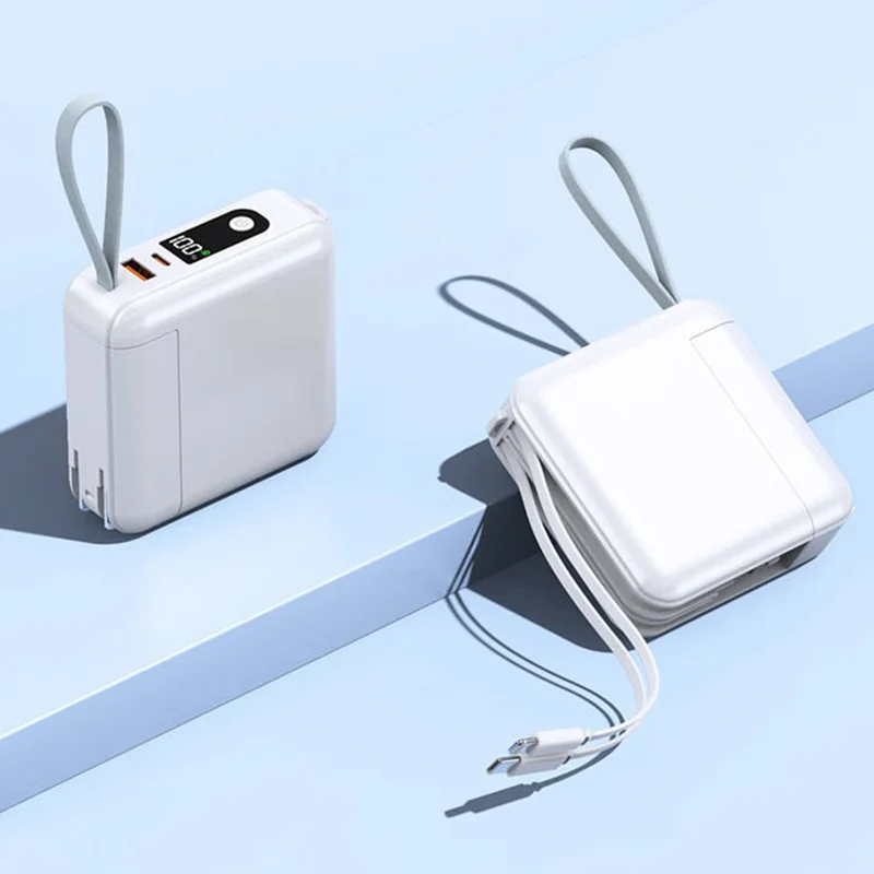 Detachable AC Plug 15000mAh Power Bank with iP + Type-C Fast Charging Cable - White