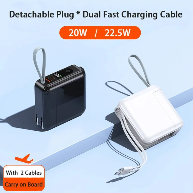 Detachable AC Plug 15000mAh Power Bank with iP + Type-C Fast Charging Cable - White