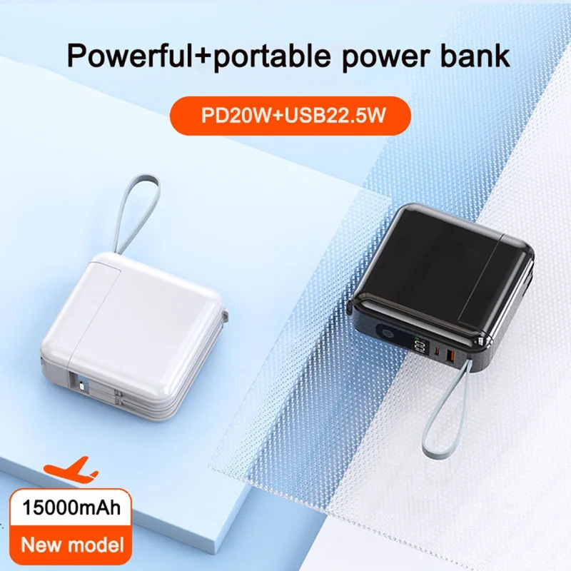 Detachable AC Plug 15000mAh Power Bank with iP + Type-C Fast Charging Cable - White