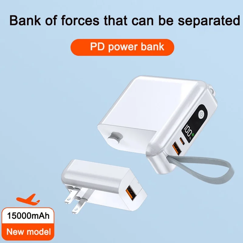 Detachable AC Plug 15000mAh Power Bank with iP + Type-C Fast Charging Cable - White