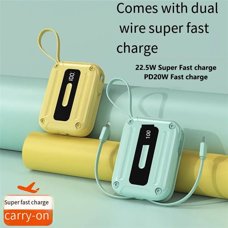 K33 10000mAh Power Bank Built-In Type-C + 8-Pin Cable Fast Phone Portable Charger - Yellow