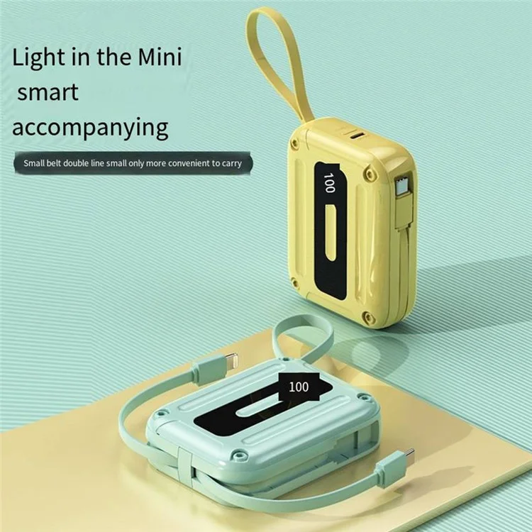 K33 10000mAh Power Bank Built-In Type-C + 8-Pin Cable Fast Phone Portable Charger - Yellow
