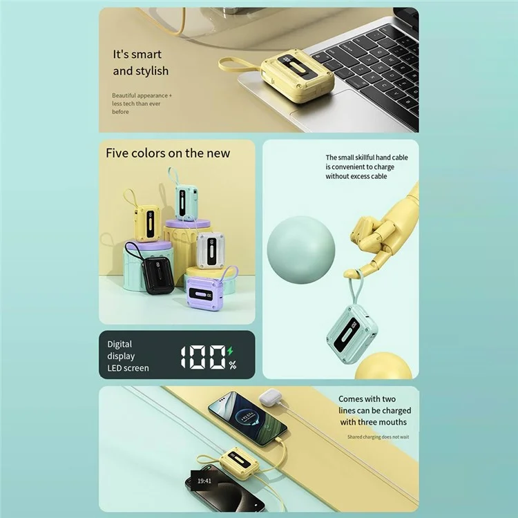 K33 10000mAh Power Bank Built-In Type-C + 8-Pin Cable Fast Phone Portable Charger - Yellow