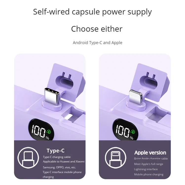 HY-0808 Mini Capsule Power Bank 5000mAh 8-Pin Plug Phone Charger with Type-C Cable - Purple