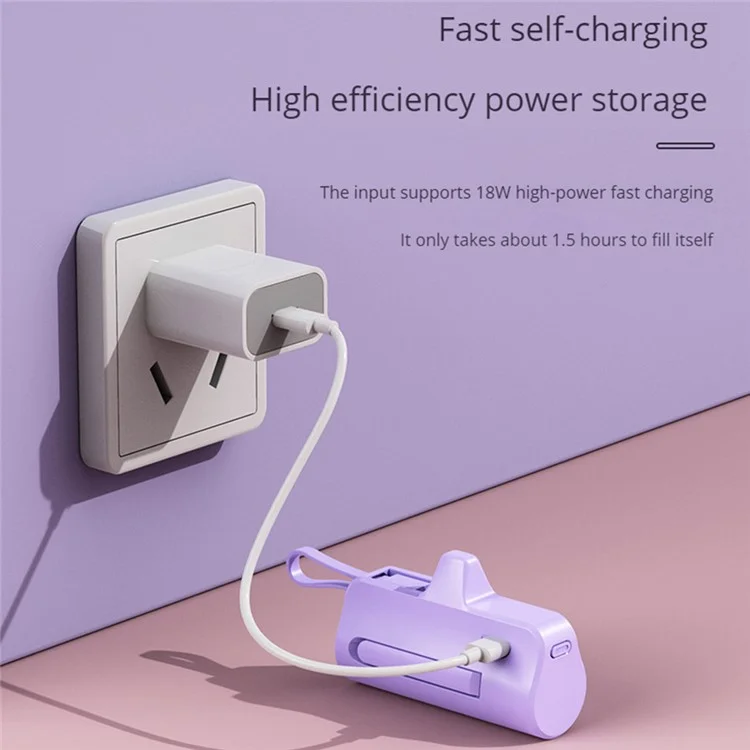 HY-0808 Mini Capsule Power Bank 5000mAh 8-Pin Plug Phone Charger with Type-C Cable - Purple