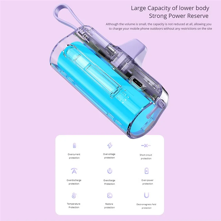 HY-0808 Mini Capsule Power Bank 5000mAh 8-Pin Plug Phone Charger with Type-C Cable - Purple