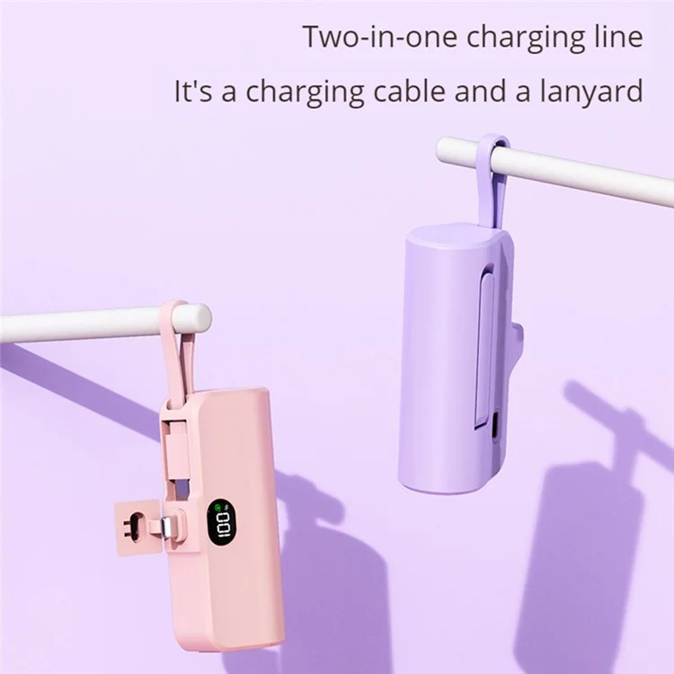 HY-0808 Mini Capsule Power Bank 5000mAh 8-Pin Plug Phone Charger with Type-C Cable - Purple
