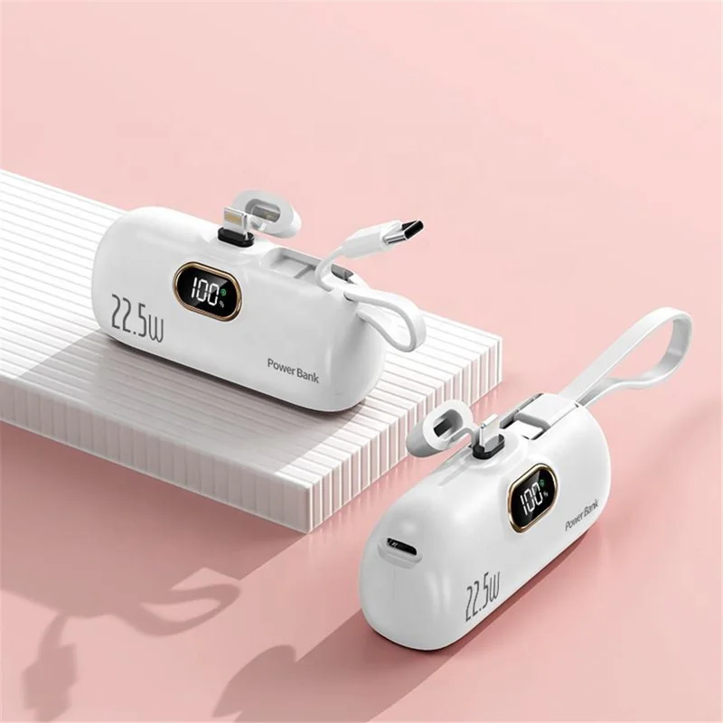 HY-DX628 Mini Portable Charger 5000mAh Power Bank 22.5W Battery Pack with 8-Pin Plug and Type-C Cable - White