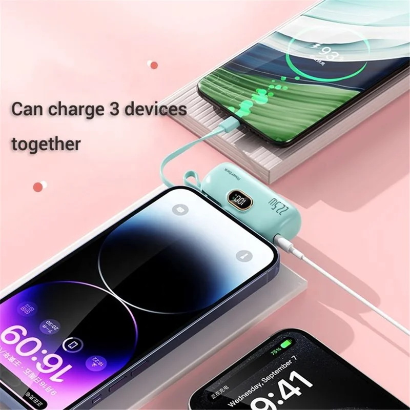 HY-DX628 Mini Portable Charger 5000mAh Power Bank 22.5W Battery Pack with 8-Pin Plug and Type-C Cable - White