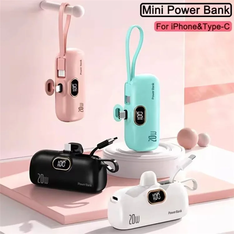 HY-DX628 5000 мАч 22,5 Вт Быстрая зарядка Тип-C Plug Mini Capsule Power Bank с кабелем для ip - черный