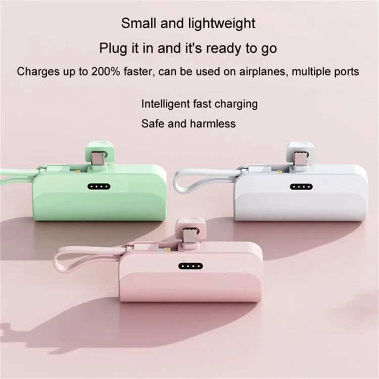 HY 5000mAh Mini Capsule Type-C Plug Phone Charger Power Bank Battery Pack with iP Cable - Black