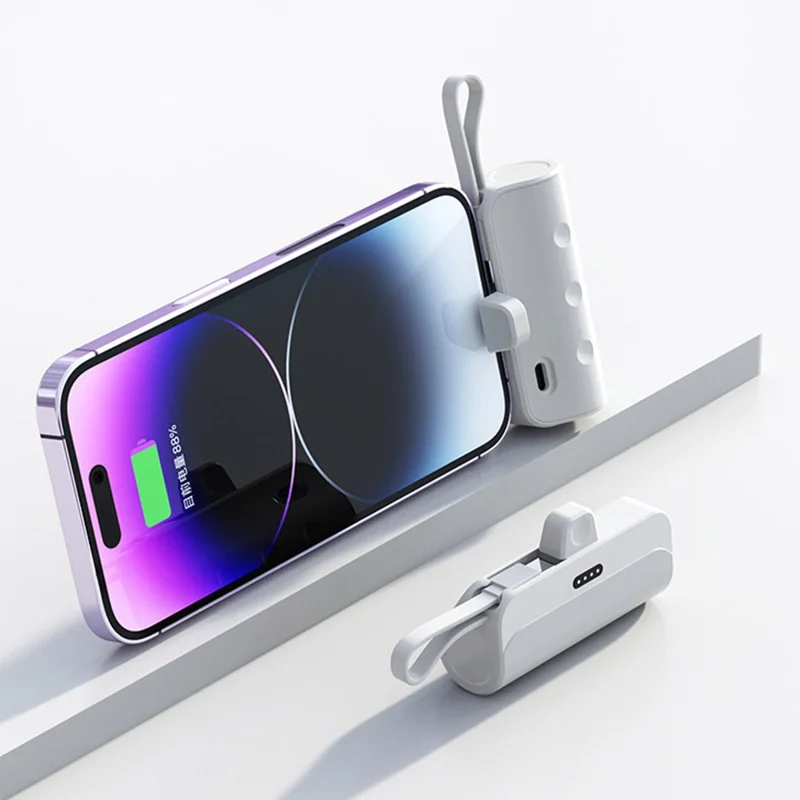 KC 2000mAh Digital Display iP Plug Mini Capsule Power Bank with Type-C Cable - White