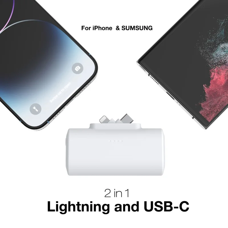 Mini Capsule Power Bank 5000mAh Portable Battery Pack with 2-in-1 Type-C+iP Connector - Light Purple