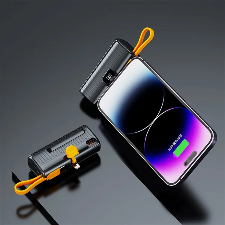 HY-DX245 Mini 5000mAh Cápsula Bateria Portátil Com Cabo Type-C Embutido e Plugue de 8 Pinos para Carregador de Telefone - Preto
