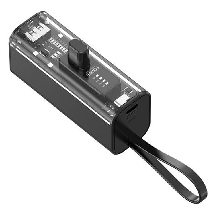 HY-740 5000mAh Mini Power Bank 8-Pin Plug Phone Charger with Built-In Type-C Cable + USB Cable - Black