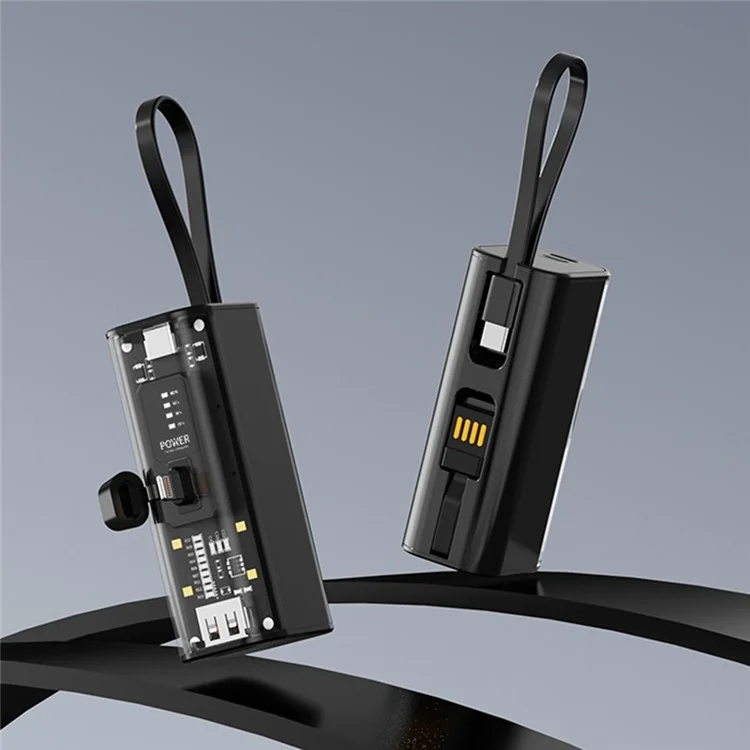 HY-740 5000mAh Mini Power Bank 8-Pin Plug Phone Charger with Built-In Type-C Cable + USB Cable - Black