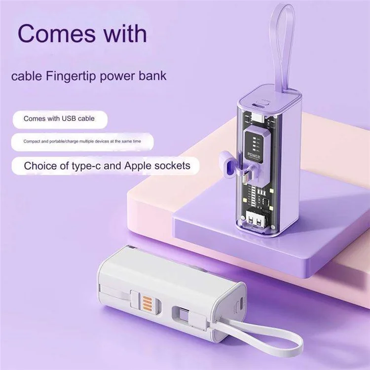 HY-740 5000mAh Mini Power Bank 8-Pin Plug Phone Charger with Built-In Type-C Cable + USB Cable - Black