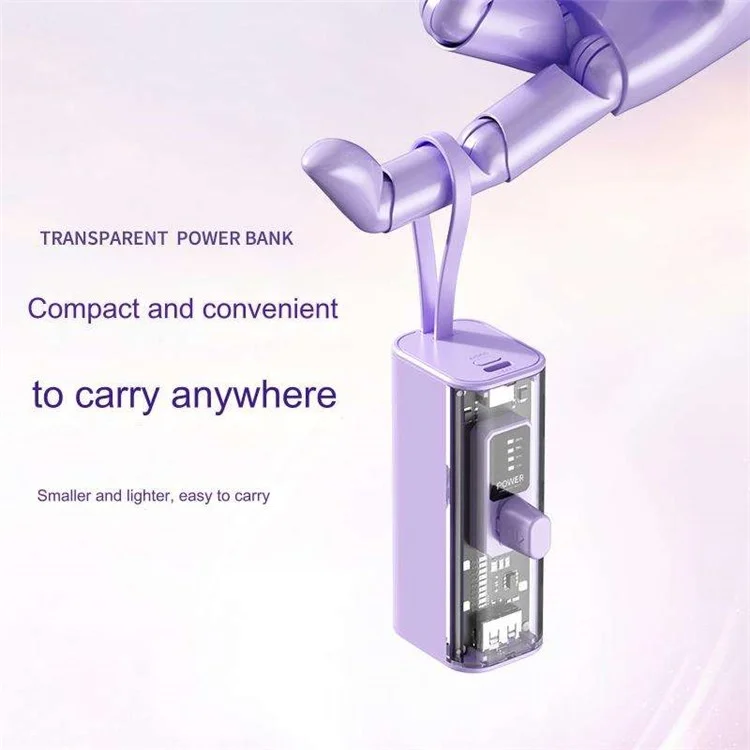 HY-740 5000mAh Mini Power Bank 8-Pin Plug Phone Charger with Built-In Type-C Cable + USB Cable - Black