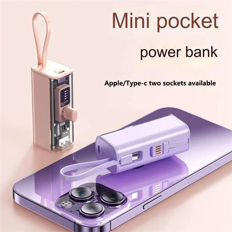 HY-740 5000mAh Mini Power Bank 8-Pin Plug Phone Charger with Built-In Type-C Cable + USB Cable - Black