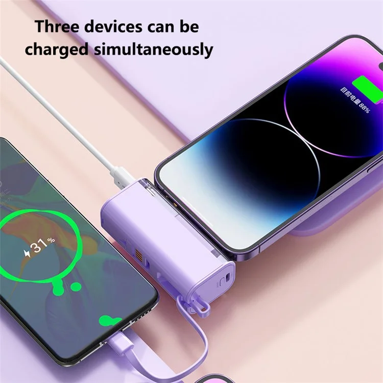HY-740 5000mAh Mini Power Bank 8-Pin Plug Phone Charger with Built-In Type-C Cable + USB Cable - Black