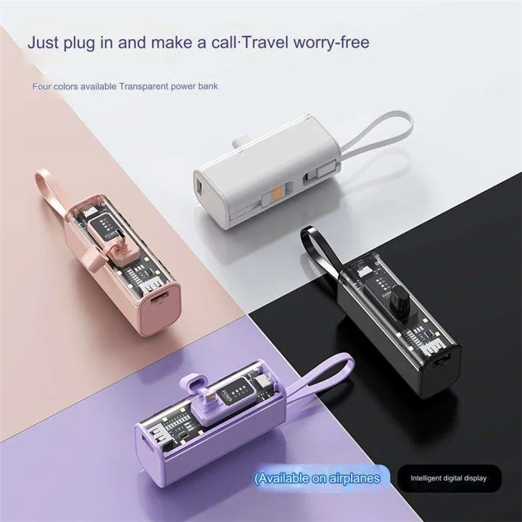 HY-740 5000mAh Mini Power Bank 8-Pin Plug Phone Charger with Built-In Type-C Cable + USB Cable - Black