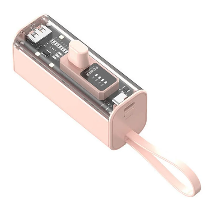 HY-740 10000mAh Type-C Plug Capsule Power Bank Phone Charger with Built-In 8-Pin Cable + USB Cable - Pink