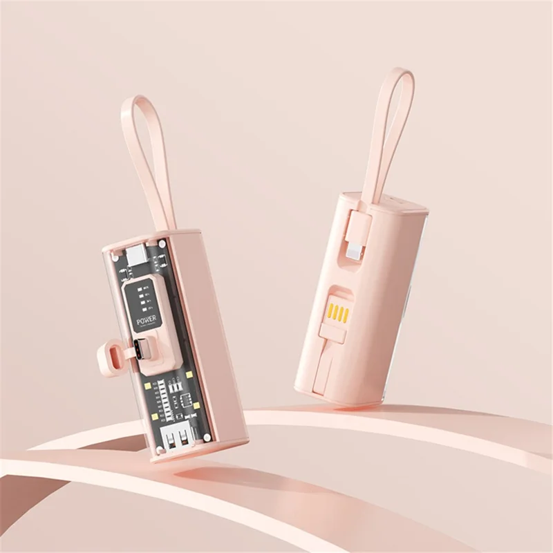 HY-740 10000mAh Type-C Plug Capsule Power Bank Phone Charger with Built-In 8-Pin Cable + USB Cable - Pink