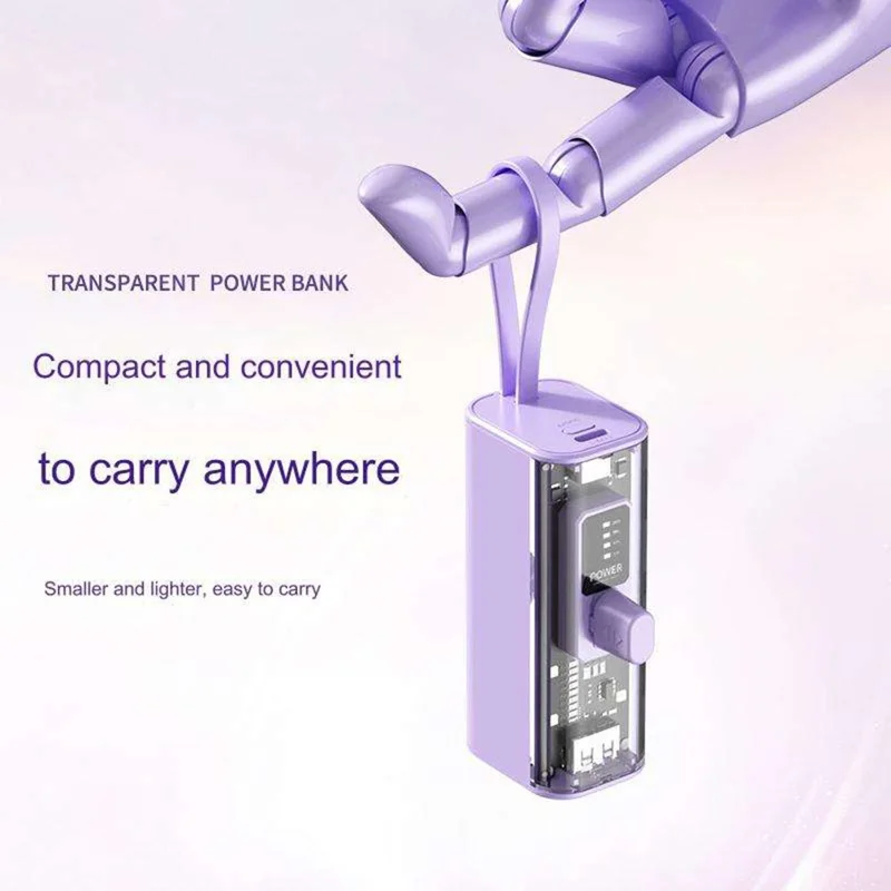 HY-740 10000mAh Type-C Plug Capsule Power Bank Phone Charger with Built-In 8-Pin Cable + USB Cable - Pink