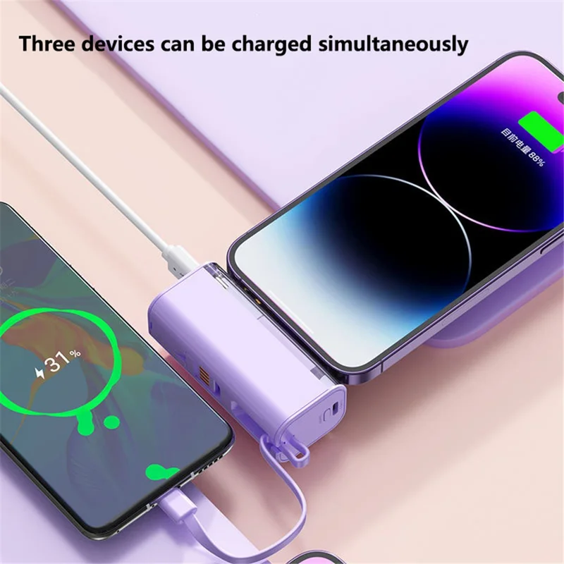HY-740 10000mAh Type-C Plug Capsule Power Bank Phone Charger with Built-In 8-Pin Cable + USB Cable - Pink