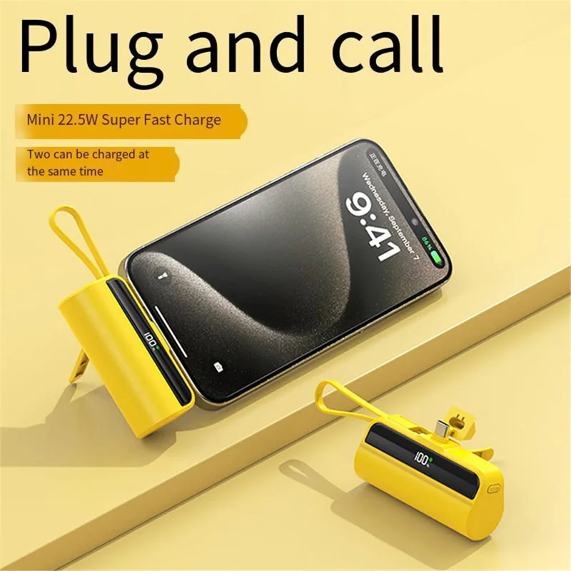 K178SS 10000mAh Type-C Plug 22.5W Mini Power Bank Portable Phone Charger with 8-Pin Cable - Black