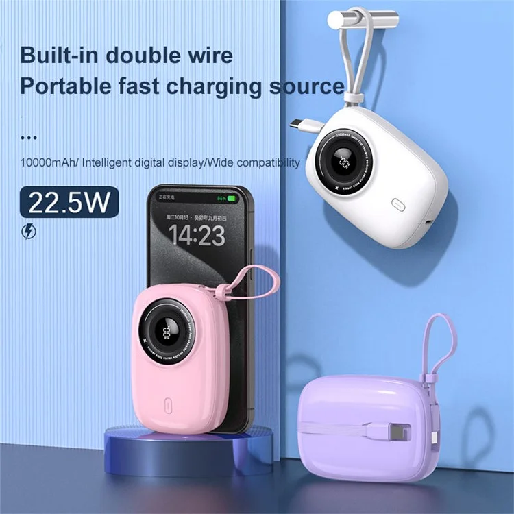 KP90 22.5W 10000mAh Power Bank Camera Shaped Cell Phone Portable Charger with Type-C + 8-Pin Cable - Black