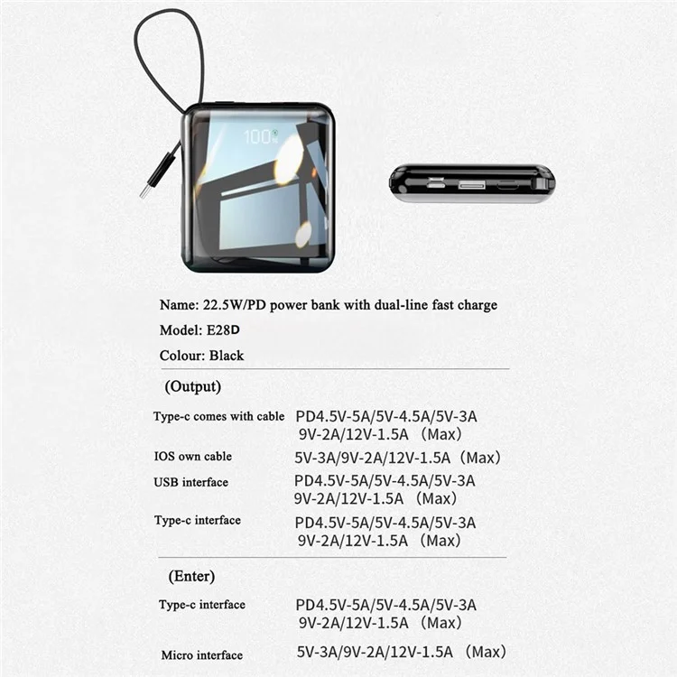 E28D 20000mAh 22.5W Power Bank Phone External Battery with Type-C + 8Pin Cable - Black