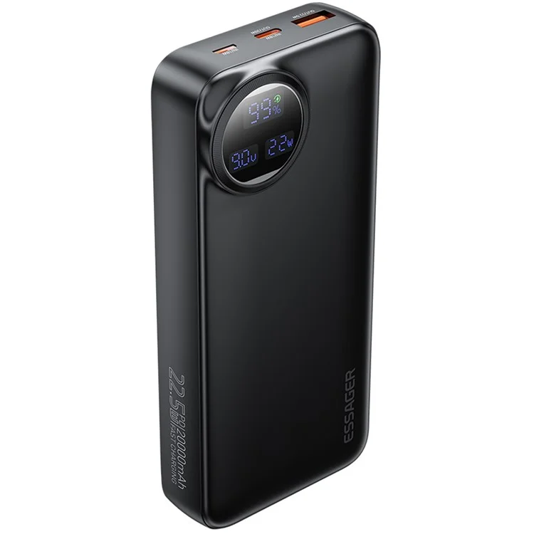 ESSAGER 20000mAh Power Bank with Type-C + iP Cables 22.5W Fast Charging Digital Display Battery Pack - Black