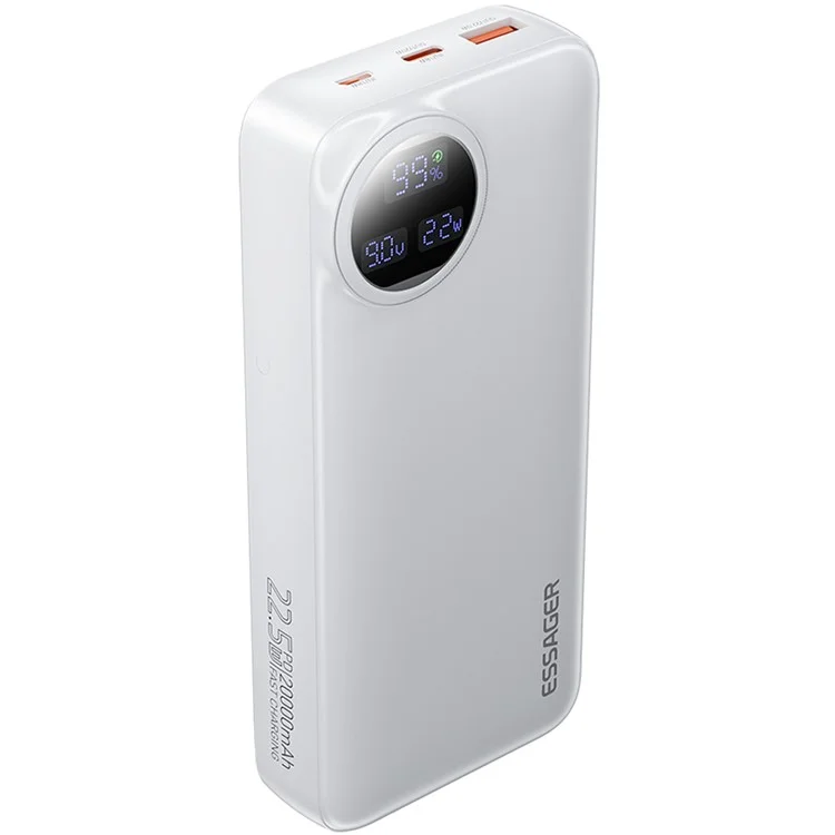 ESSAGER 20000mAh Power Bank with Type-C + iP Cables 22.5W Fast Charging Digital Display Battery Pack - White