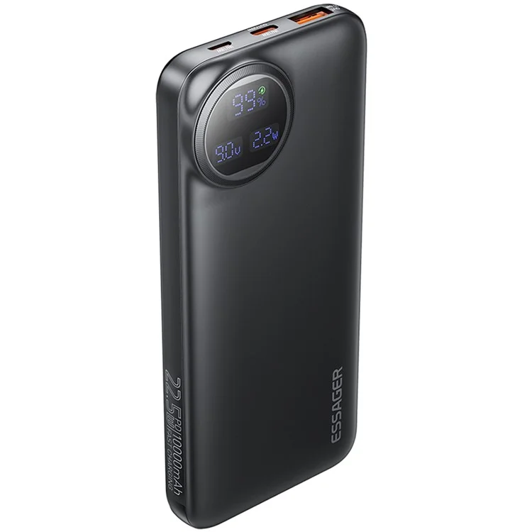 ESSAGER 10000mAh Power Bank with Type-C + iP Cables 22.5W Fast Charging Digital Display Battery Pack - Black