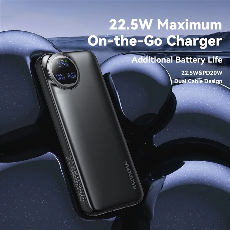 ESSAGER 10000mAh Power Bank with Type-C + iP Cables 22.5W Fast Charging Digital Display Battery Pack - Black