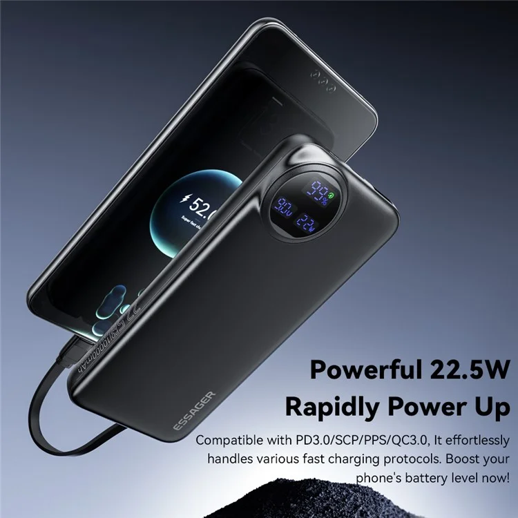 ESSAGER 10000mAh Power Bank with Type-C + iP Cables 22.5W Fast Charging Digital Display Battery Pack - Black