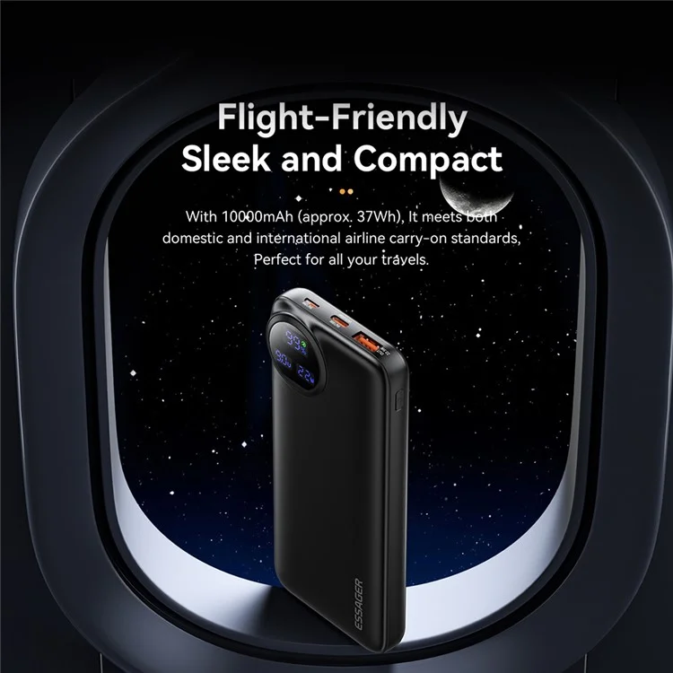 ESSAGER 10000mAh Power Bank with Type-C + iP Cables 22.5W Fast Charging Digital Display Battery Pack - Black
