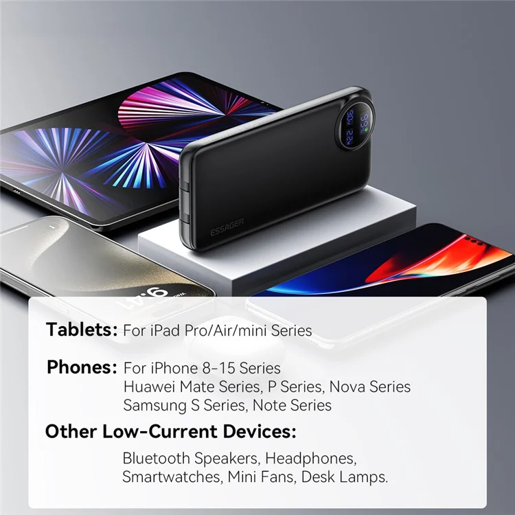 ESSAGER 10000mAh Power Bank with Type-C + iP Cables 22.5W Fast Charging Digital Display Battery Pack - Black