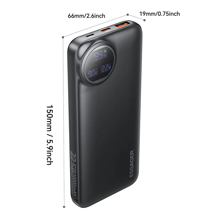 ESSAGER 10000mAh Power Bank with Type-C + iP Cables 22.5W Fast Charging Digital Display Battery Pack - Black