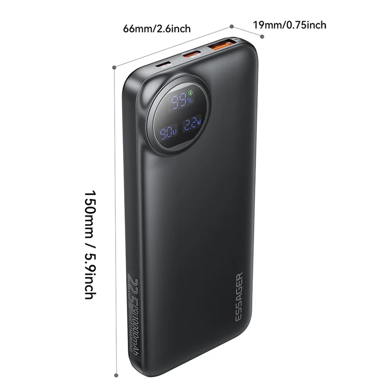 Batterie Externe ESSAGER 10000mAh avec Câbles Type-C + iP, Charge Rapide 22,5W, Affichage Numérique - Blanc