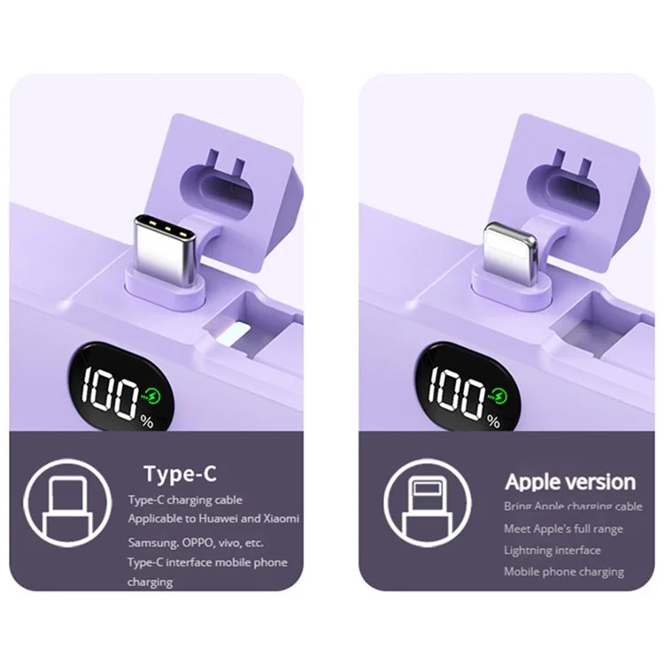 HY-0808 Mini Portable Charger 5000mAh Power Bank Battery Pack with Type-C Plug + 8-Pin Cable - Purple