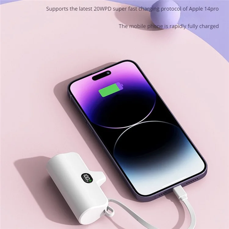 HY-0808 Mini Portable Charger 5000mAh Power Bank Battery Pack with Type-C Plug + 8-Pin Cable - Purple