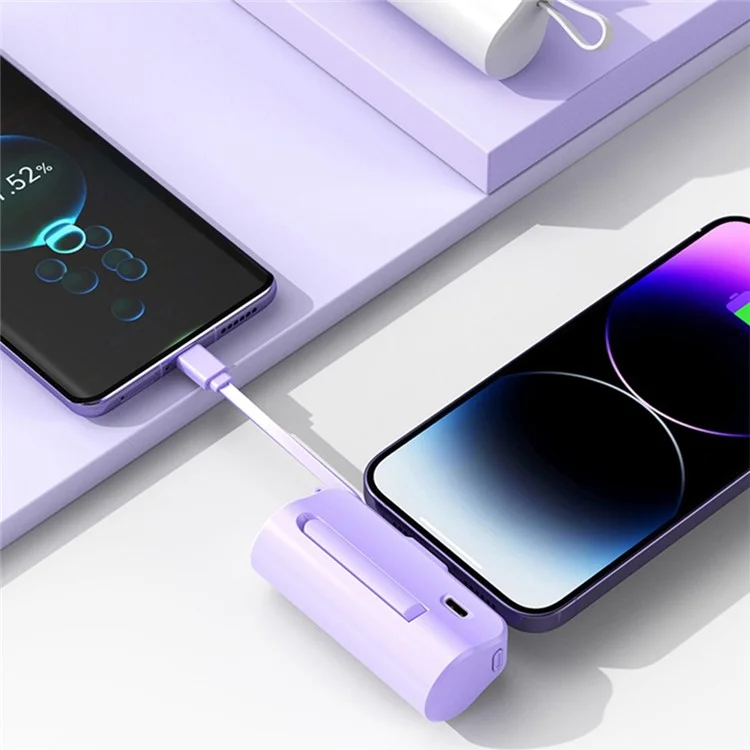 HY-0808 Mini Portable Charger 5000mAh Power Bank Battery Pack with Type-C Plug + 8-Pin Cable - Purple