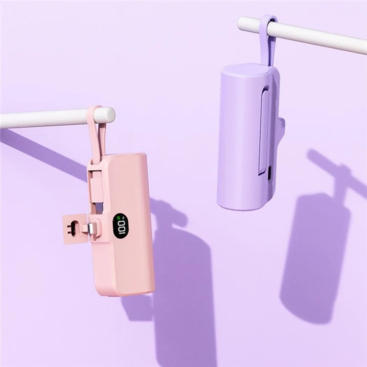 HY-0808 Mini Portable Charger 5000mAh Power Bank Battery Pack with Type-C Plug + 8-Pin Cable - Purple