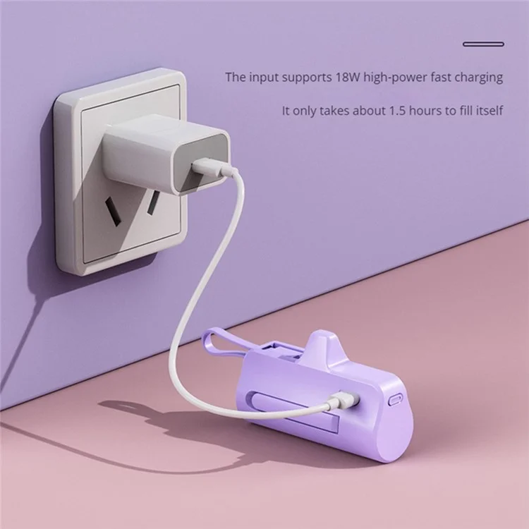 HY-0808 Mini Portable Charger 5000mAh Power Bank Battery Pack with Type-C Plug + 8-Pin Cable - Purple